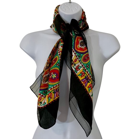 Bright Paisley Floral Mandala Square Poly Scarf With Black Sheer Border Vintage - Picture 2 of 4